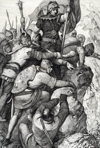Trupperna från Othon I av Baviere (1117-1183) nära Verona i Italien 1155 (Otto I, hertig av Bayern och hans armé nära Verona, Italien 1155) Fjäderteckning från "Historische Memorabilian des In-und Auslandes"" (Historiska souvenirer) av Anton Ziegler av Peter Johann Nepomuck Geiger