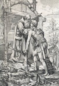 Den unge Odoacre (ca 433-493) tar emot välsignelsen av Severin, Apotre de Norique, ca. 470 (Odoacer möter munken Severinus av Noricum som får reda på honom att han en dag skulle bli känd, 470 ca) Rita en penna ritad från "" Historische Memorabilian des av Peter Johann Nepomuck Geiger