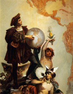 Christopher Columbus (1451-1506), detalj från Allegori om Karl V av Habsburg (1500-1558) som världens härskare, målning av Peter Johann Nepomuk Geiger (1805-1880), Throne Room, Miramare castle, Trieste, Friuli-Venezia Giulia, Italien