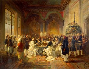Lunch tillhandahålls i Smyrna av Halim Pasha, illustration från Maximilian av Habsburgs resa och hans bror Charles Louis i Medelhavet, av Peter Johann Nepomuk Geiger