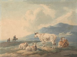 Bergslandskap: med kor och getter förgrund och figurer, vänster