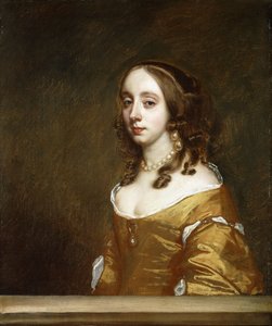 Porträtt av en dam i familjen Popham, halvlångt, bakom ett båge, iklädd en orange klänning, av Peter Lely