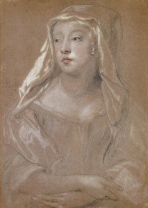 Porträtt av en ung dam, traditionellt identifierad som Sarah Jennings, hertiginna av Marlborough, halvlängd, håller en bok, händerna i kors i knäet, hennes huvudklänning draperad på hennes axlar, 1667 av Peter Lely