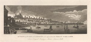 En vy över en del av London som den såg ut i den stora branden 1666