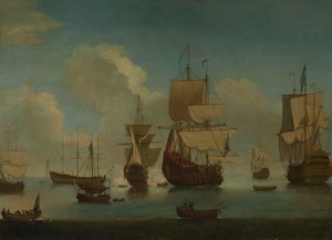 Engelska krigsfartyg för ankar i lugnt väder, torkar segel, tidigt 1700-tal (olja på duk) av Peter Monamy