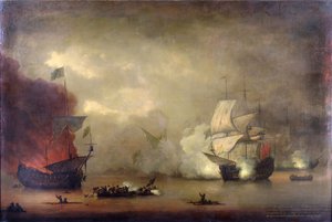 Sjöstrid mellan HMS "Mary Rose" från Royal Navy och sju sjörövande algeriner utanför Tanger (Marocko) den 8 december av Peter Monamy