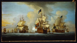 Den engelska flottan för ankar med amiralens skepp som signalerar till vice- och konteramiralerna från de vita och blåa skvadronerna av Peter Monamy