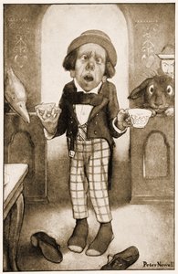 Jag är en fattig man, ers majestät, hattmakaren började med darrande röst illustrationen till Lewis Carrolls Alices Adventures in Wonderland, 1901 av Peter Newell