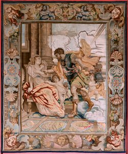 flamländsk gobeläng. Serie Historien om konsuln Decius Mus. Mars visar sig för Rhea Silvia (Aparición de Marte a Rea Silvia). Åttonde gobeläng i serien. Modell P P Rubens. Tillverkning Jan Raes II, Bryssel. Ca1620-1629. Tyg Guld, silver, siden och ull.