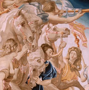flamländsk gobeläng. Serien Nattvardens triumf. Kyrkans triumf (El Triunfo de la Iglesia). Åttonde gobeläng i serien. Modell Peter Paul Rubens. 1626-1628. Tillverkning Jan II Raes, Bryssel av Peter Paul (after) Rubens