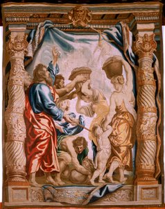 flamländsk gobeläng. Mannas fall i öknen (La caída del maná en el desierto). Serien Nattvardens triumf. Tredje tapeten i serien. Modell Peter Paul Rubens. 1626-1628. Tillverkning Jan II Raes, Jacob II Geubels, Hans Vervoert, Ja av Peter Paul (after) Rubens