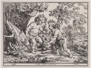 Spädbarn Kristus och Sankt Johannes leker med ett lamm, gravyr av Christoffel Jegher (1596-1653), efter 1632 (träsnitt) av Peter Paul (after) Rubens