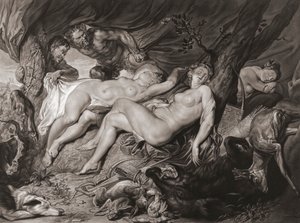Sovande Diana och hennes nymfer spionerade av satyrer. (skriva ut)