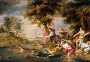 Diana och nymferna jagar dovhjort, ca 1673 (olja på duk) av Peter Paul (follower of) Rubens