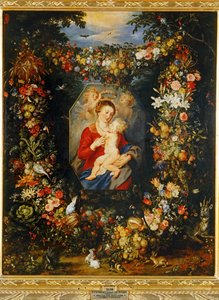 Jungfru Maria och barnet med krans av blommor och frukter... av Peter Paul & Brueghel Jan (1601 78) Rubens