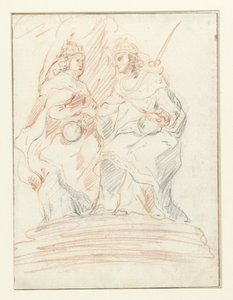 Kung och en drottning på en tron, bakom dem står Fama Kristus och Maria av Peter Paul Rubens (possibly)