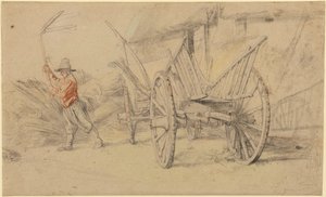 En man som tröskar bredvid en vagn med ekonomibyggnader bakom av Peter Paul Rubens