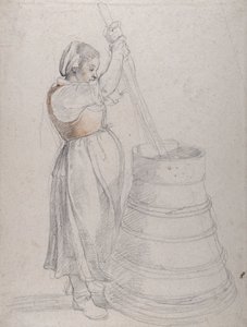 En bondflicka som kärnar smör (svart & röd krita med penna på vitt papper) av Peter Paul Rubens