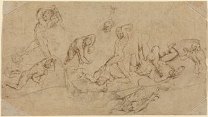Battle of Nude Men (penna och brunt bläck över svart krita på fyra oregelbundet skurna bitar av två typer av buffertpapper; liggande och med hörnbitar tillagda) av Peter Paul Rubens