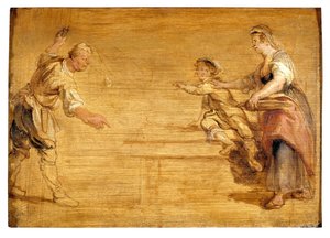 Köksbiträde, slaktare och pojke runt ett bord (olja på duk) av Peter Paul Rubens