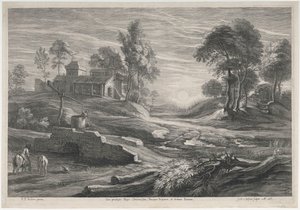 Landskap med solnedgång och två bondgårdar av Peter Paul Rubens