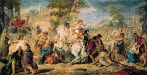 ""Sabinernas våldtäkt"" För att kompensera för bristen på kvinnor kidnappade Romulus och romarna de av sina grannar, sabinerna, som försökte ta tillbaka dem med våld. Slaget undviks tack vare sabinerna som lägger sig mellan krigarna, på av Peter Paul Rubens