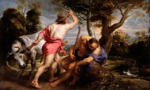 ""Mercury and Argus"" Mercury instrueras av Zeus att söva Argus, Ios väktare, förvandlad till en kviga av Hera (Mercury and Argus) Målning av Pieter Paul Rubens (1577-1640) 1636-1638 Dim 180x298 cm Museo del Prado, Madrid av Peter Paul Rubens