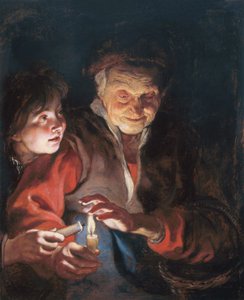 En äldre kvinna och en pojke med ljus av Peter Paul Rubens
