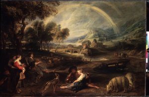 Landskap med en regnbåge. Målning av Peter Paul (Pierre-Paul) Rubens (eller Peter Paul eller Petrus Paulus) (1577-1640). Olja på duk, 86 x 130 cm, tidigt 1630. Flamländsk konst, barockkonst. Eremitagemuseet, Sankt Petersburg. av Peter Paul Rubens