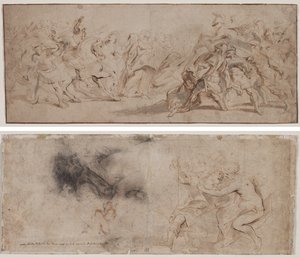 Försoning mellan romarna och sabinerna (recto) Venus avväpnar Mars, draperistudie (verso) av Peter Paul Rubens