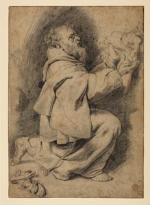 Saint Francis knäböjer, tar emot Kristusbarnet, c.1617 av Peter Paul Rubens