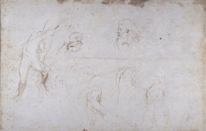 Studier av en mansfigur bunden till ett träd och av två manshuvuden, ca 1601 (penna och bläck på papper) av Peter Paul Rubens
