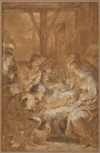 The Adoration of the Shepherds, c.1613-4 (penna och brunt bläck med brun tvätt och vit gouache) av Peter Paul Rubens