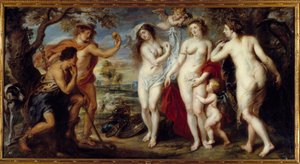 Paris domen Herden Paris måste välja vem han ska ge det gyllene äpplet för att designa den vackraste av de tre gudinnorna, Athena, Afrodite eller Hera. Målning av Pierre Paul (Pierre-Paul) Rubens (eller Peter Paul eller Petrus Paulus) (1577-1640) av Peter Paul Rubens