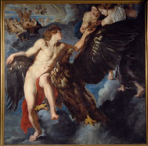 Kidnappningen av Ganymedes Medan han betar sin flock på berget Ida de Troade, förvandlas Zeus till en örn, tar bort den för att göra den till sin älskare och gudarnas sång. Målning av verkstaden av Pierre Paul (Pierre-Paul) Rubens (eller Peter Paul eller P av Peter Paul Rubens