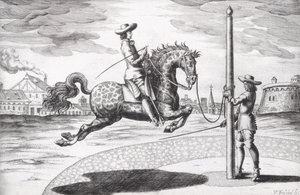 A Horse en Capriole från New Treatise for Breeding Horses skriven av Winters, Stuterey och Reit-Schul, graverad av konstnären, pub. 1672 gravyr av Peter Paul Troschel