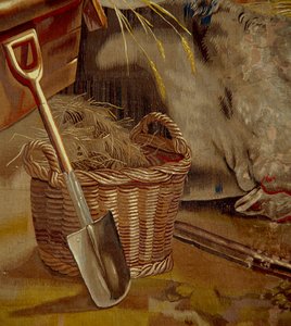 Tillbedjan av Kristusbarnet, detalj av gobelängen av den flamländska skolan, ca 1600-50