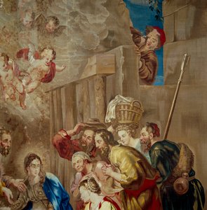 Tillbedjan av Kristusbarnet, detalj av gobelängen av den flamländska skolan, ca 1600-50