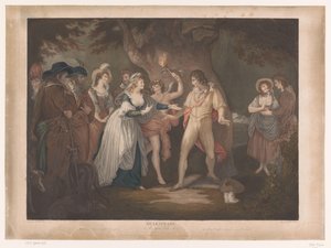 Rosalind verrast Orlando i sitt hus Shakespeare. Som du vill (titel på objekt)