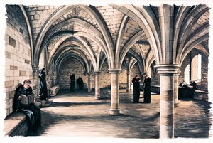 Munkar i det gemensamma rummet i Battle Abbey, East Sussex, 1100-talet c1990-c2010