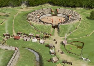 Åskådare anländer till Silchester Roman City Amphitheater c250 AD, c1990-2010