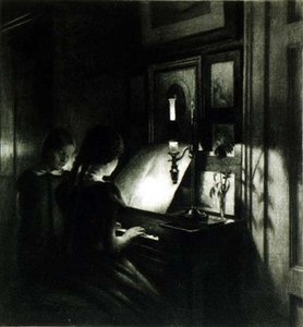 Flickorna vid pianot (mezzotint) av Peter Vilhelm Ilsted