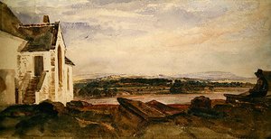 En figur som sitter på en kyrkgård vid floden (akvarell på papper) av Peter de Wint