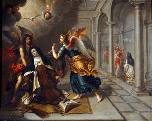Den heliga Therese av Avila (av barnet Jesus) (1515-1582) möter ängeln som genomborrar hjärtat av sin gyllene darter Målning av Peter Van Lindt (1600-talet) Dim. 85x70 cm Genes, Galleria di Palazzo Bianco