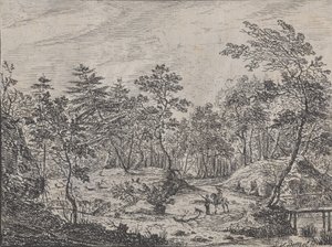 Skogslandskap med en ryttare som samtalar med en man i centrum, en gångbro till höger, 1716. av Peter von Bemmel