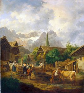 Morgon i Partenkirchen (Tyskland) - Målning av Peter von Hess (1792-1871), olja på trä