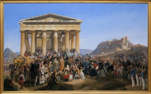 Kung Othon I av Grekland (1815-1876) inträde till Aten, välkomnad av folkmassan framför templet Hephaistos (Hephaisteion) (Hephaestus) eller Theseion på Agora (Grekland)
