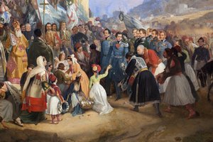 Kung Othon I av Grekland (1815-1876) inträde till Aten, välkomnad av folkmassan framför templet Hephaistos (Hephaisteion) (Hephaestus) eller Theseion på Agora (Grekland)