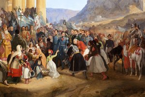 Kung Othon I av Grekland (1815-1876) inträde till Aten, välkomnad av folkmassan framför templet Hephaistos (Hephaisteion) (Hephaestus) eller Theseion på Agora (Grekland)