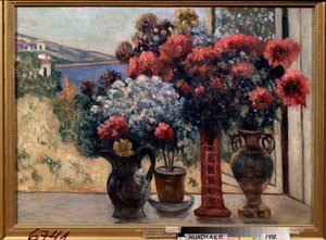 Blommor mot havet Målning av Pyotr Ivanovich Petrovichev (Pyotr Petrovichev) (1874-1947), olja på duk